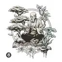 monk meditating and lotus flower and yin yang and montessori with bonsai tree shedding its leaves tattoo design idea