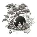 monk meditating and lotus flower and yin yang and montessori with bonsai tree shedding its leaves tattoo design idea
