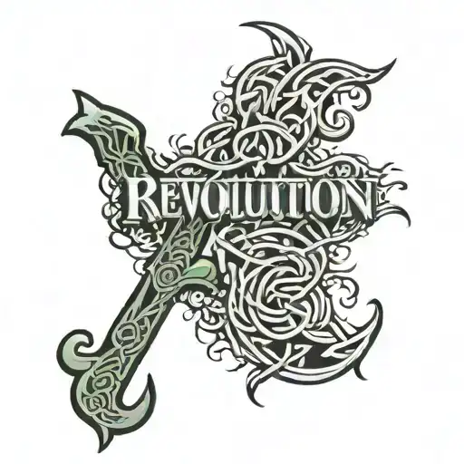 the word revolution in a celtic font but its reflection is the word intifada reversed and flipped  tattoo design idea