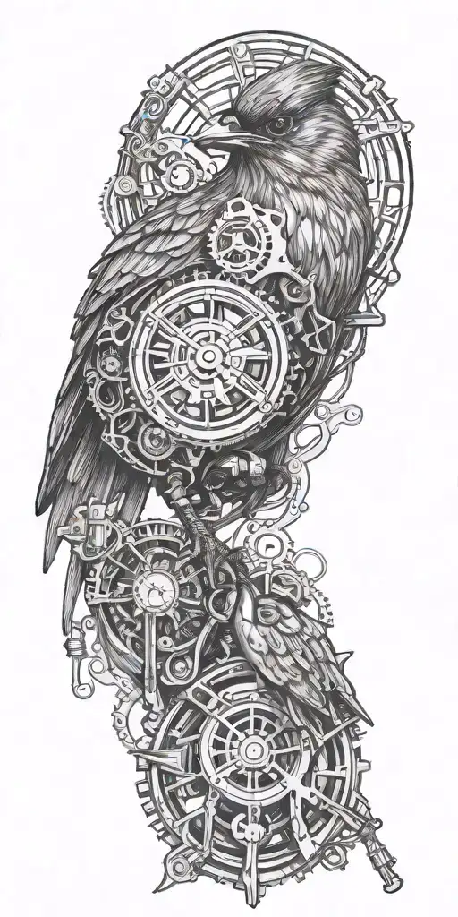 A steampunk inspired tattoo combining engine with a majestic robin in a blackwork style tattoo design idea