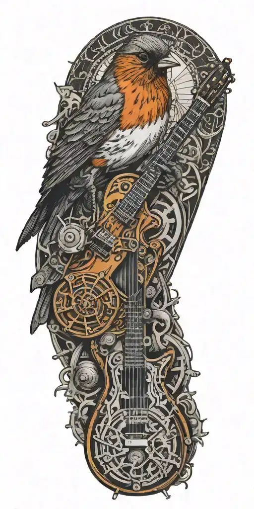 A steampunk inspired tattoo combining guitar with a majestic robin in a blackwork style tattoo design idea