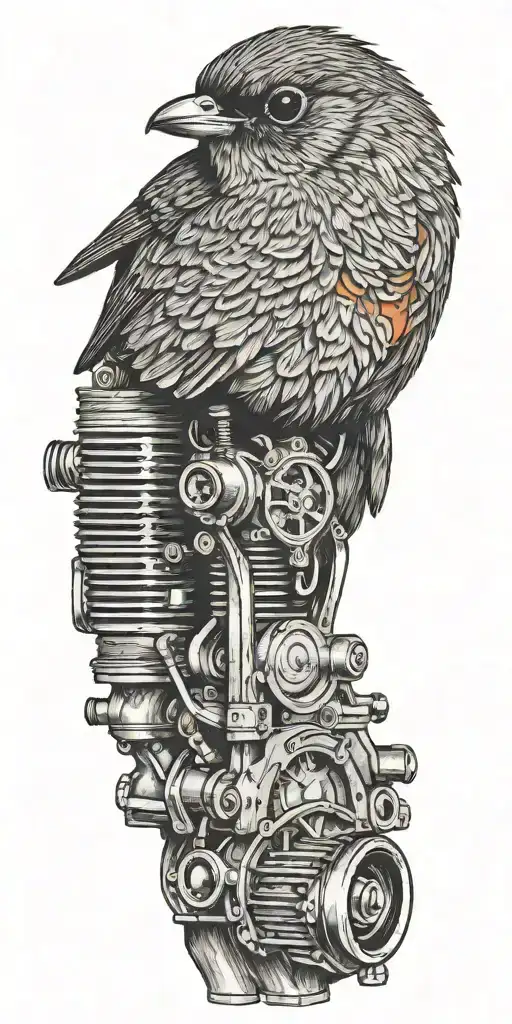 A robin bird perched on a vintage car engine tattoo design idea