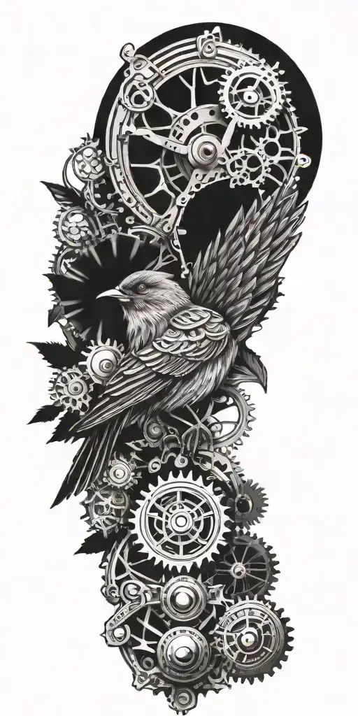 A steampunk inspired tattoo combining engine gears with a majestic robin in a blackwork style tattoo design idea