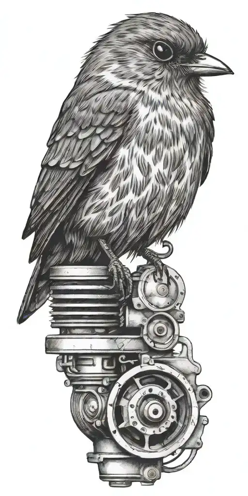 A robin bird perched on a vintage car engine tattoo design idea
