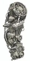 old car engine intertwined with a country and western guitar and text with beautiful crazy  tattoo design idea