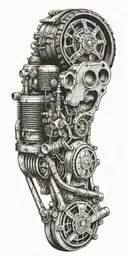 old car engine intertwined with a country and western guitar and text with beautiful crazy  tattoo design idea