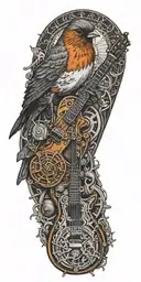 A steampunk inspired tattoo combining guitar with a majestic robin in a blackwork style tattoo design idea