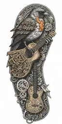 A steampunk inspired tattoo combining guitar with a majestic robin in a blackwork style tattoo design idea