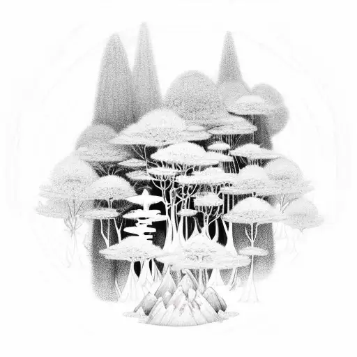 A celestial forest surrounds Soraka, with glowing trees and plants that emit soft, ethereal light. Animals and mythical creatures inhabit the forest, symbolizing the healing powers of nature. tattoo design idea