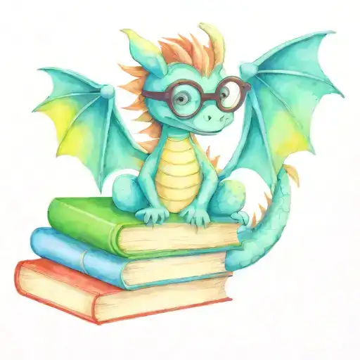  cute dragon with reading glasses on a stack of books reading in a garden  tattoo design idea