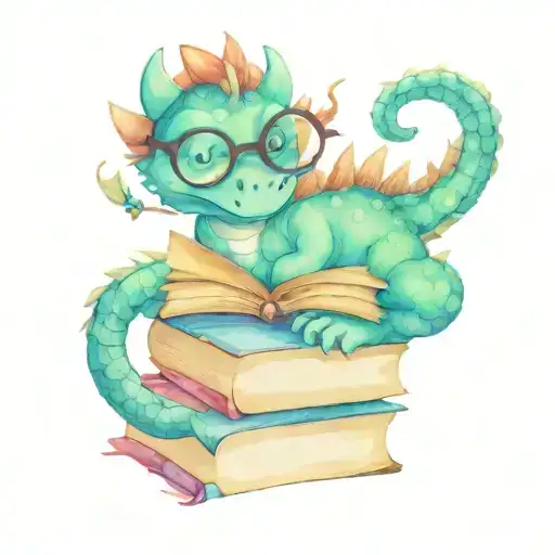  cute dragon with reading glasses on a stack of books reading  tattoo design idea