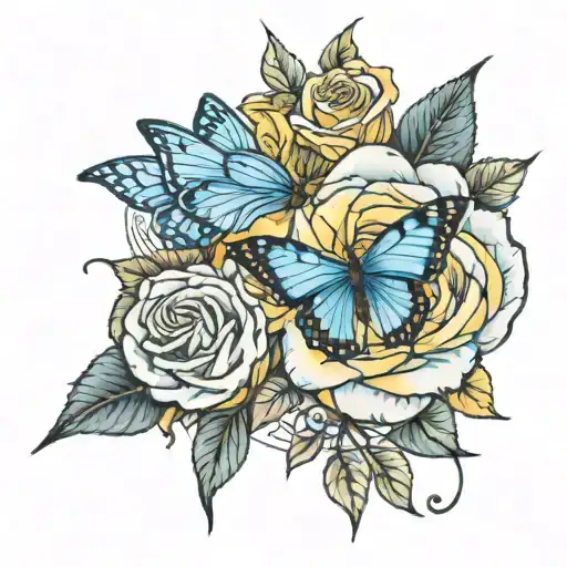 blue butterfly and yellow rose  tattoo design idea