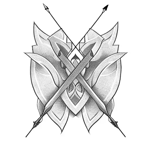 bow and arrow symmetrical with flowers chest piece tattoo design idea