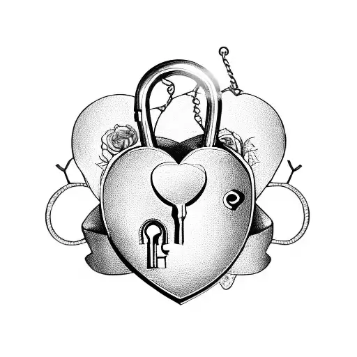 A heart-shaped lock and key with letters H & T  intertwined with a vine of roses tattoo design idea