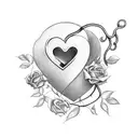A heart-shaped lock and key intertwined with a vine of roses tattoo design idea