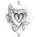 A heart-shaped lock and key intertwined with a vine of roses tattoo design idea
