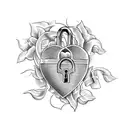 A heart-shaped lock and key intertwined with a vine of roses tattoo design idea