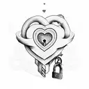 A heart-shaped lock and key intertwined with a vine of roses tattoo design idea