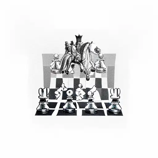 a chess board with two knights, one black other white, and a 3d effect for the pieces tattoo design idea