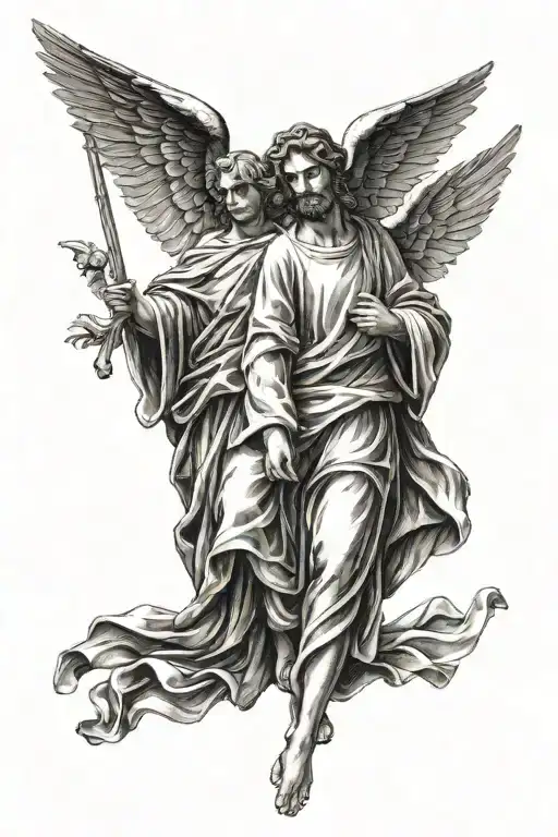 San judas and angel holding tattoo design idea