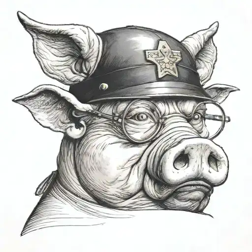 Fat man with a pig nose, pig ears, a small police hat and a stupid look past the camera. tattoo design idea