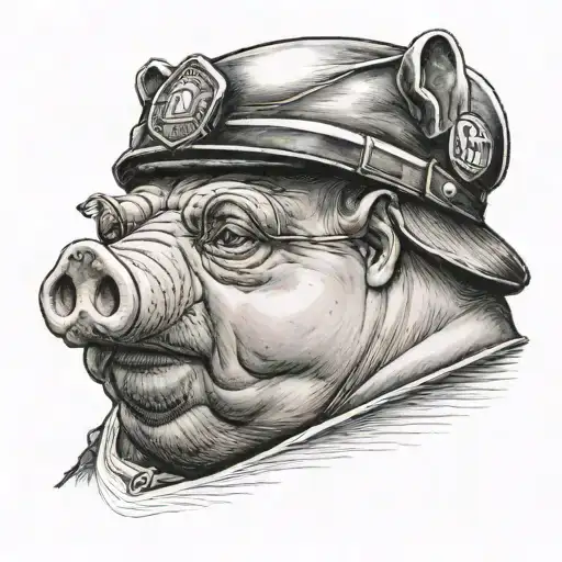 Fat person with a pig's nose, pig's ears, a tiny police cap and a stupid look past the camera. tattoo design idea