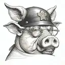 Fat man with a pig nose, pig ears, a small police hat and a stupid look past the camera. tattoo design idea