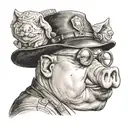 Fat man with a pig nose, pig ears, a small police hat and a stupid look past the camera. tattoo design idea