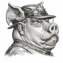 Fat man with a pig nose, pig ears, a small police hat and a stupid look past the camera. tattoo design idea