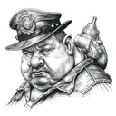 Fat man with a pig nose, pig ears, a small police hat and a stupid look past the camera. tattoo design idea