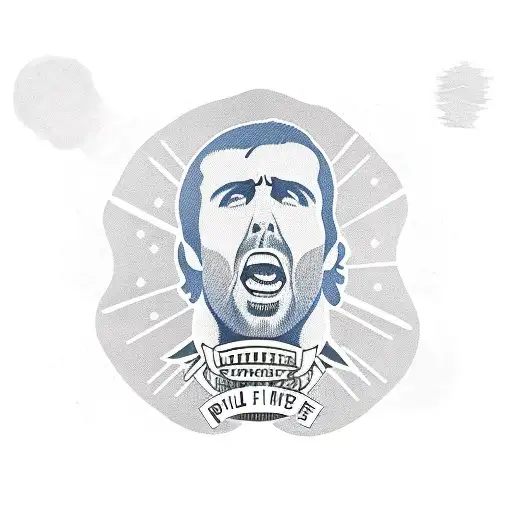 A portrait of Liam Gallagher belting out his famous lyrics 'Live forever' in a bold font, with a Union Jack background tattoo design idea