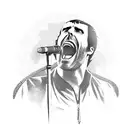 A portrait of Liam Gallagher belting out his famous lyrics 'Live forever' in a bold font, with a Union Jack background tattoo design idea