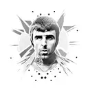 A portrait of Liam Gallagher belting out his famous lyrics 'Live forever' in a bold font, with a Union Jack background tattoo design idea