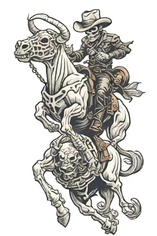 a skeleton bull rider riding a skeleton bull tattoo design idea