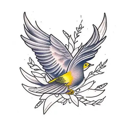 small, yellow bird on asphodel and wormwood tattoo design idea