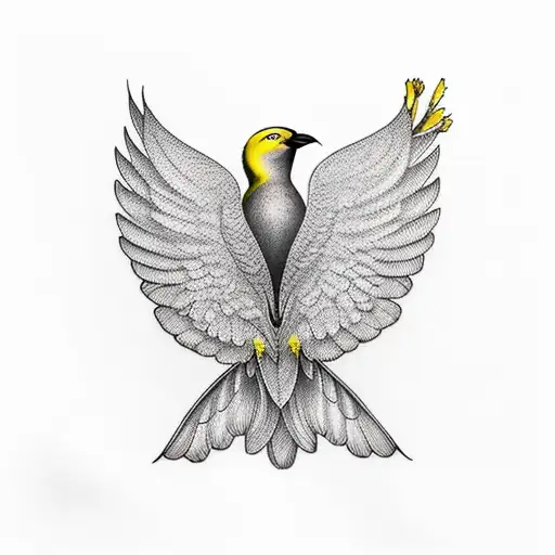yellow bird on worm wood and asphodel tattoo design idea