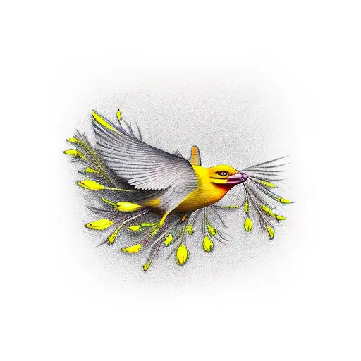 yellow bird on worm wood and asphodel tattoo design idea