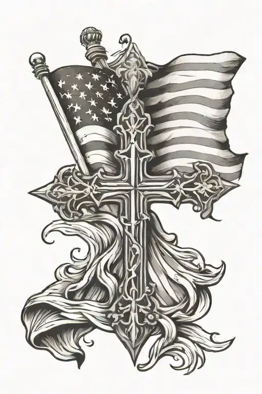 cross and american flag waving tattoo design idea