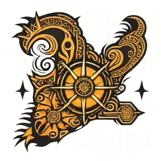 african tribal sunrise with barbados trident tattoo design idea