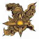 african tribal sunrise with barbados trident tattoo design idea