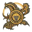 african tribal sunrise with barbados trident tattoo design idea