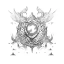 castelo medieval com céu de nuvens carregadas e lua cheia, morcegos um fosso onde habita um dragão aquático  tattoo design idea