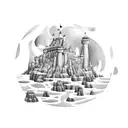 castelo medieval com céu de nuvens carregadas e lua cheia, morcegos um fosso onde habita um dragão aquático  tattoo design idea