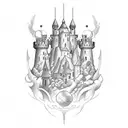castelo medieval com céu de nuvens carregadas e lua cheia, morcegos um fosso onde habita um dragão aquático  tattoo design idea