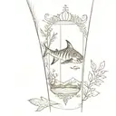Tattoo on the arm: tiger shark, compass, Caravaca cross, hourglass. tattoo design idea