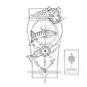 Tattoo on the arm: tiger shark, compass, Caravaca cross, hourglass. tattoo design idea