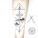 Tattoo on the arm: tiger shark, compass, Caravaca cross, hourglass. tattoo design idea