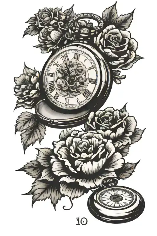 pocket watch woth name and date of birth in it and marigold flowers around it tattoo design idea