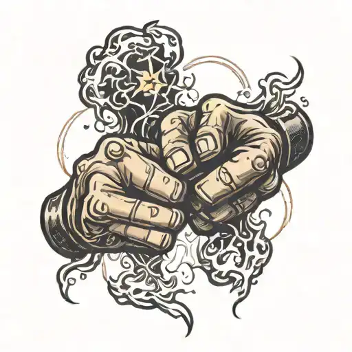 crossed black fists, one fist holding lightning bolts, one fist holding flames  tattoo design idea