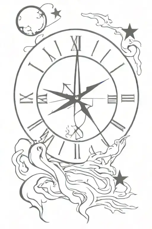 Moon with Dali clock melting surrounded by four point stars  tattoo design idea